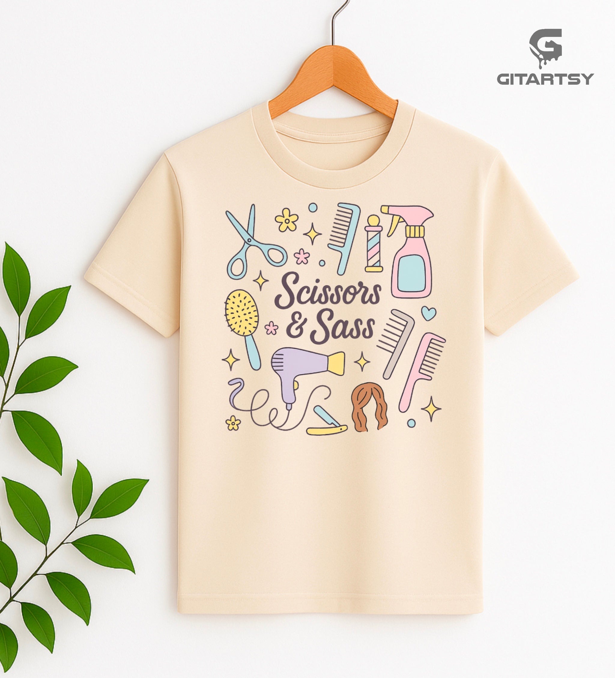 T-shirt featuring salon tools, scissors, hairdryer and combs in pastel colours. Perfect for hairdressers, salon owners, stylists etc