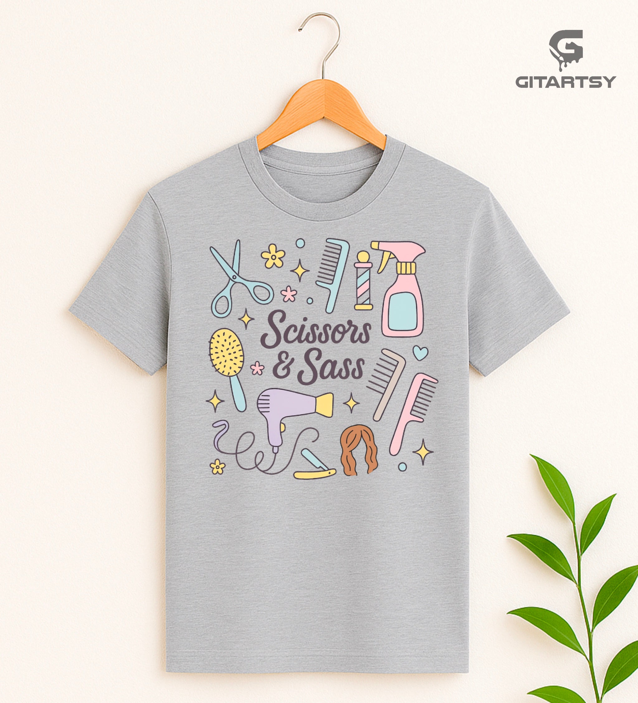 T-shirt featuring salon tools, scissors, hairdryer and combs in pastel colours. Perfect for hairdressers, salon owners, stylists etc