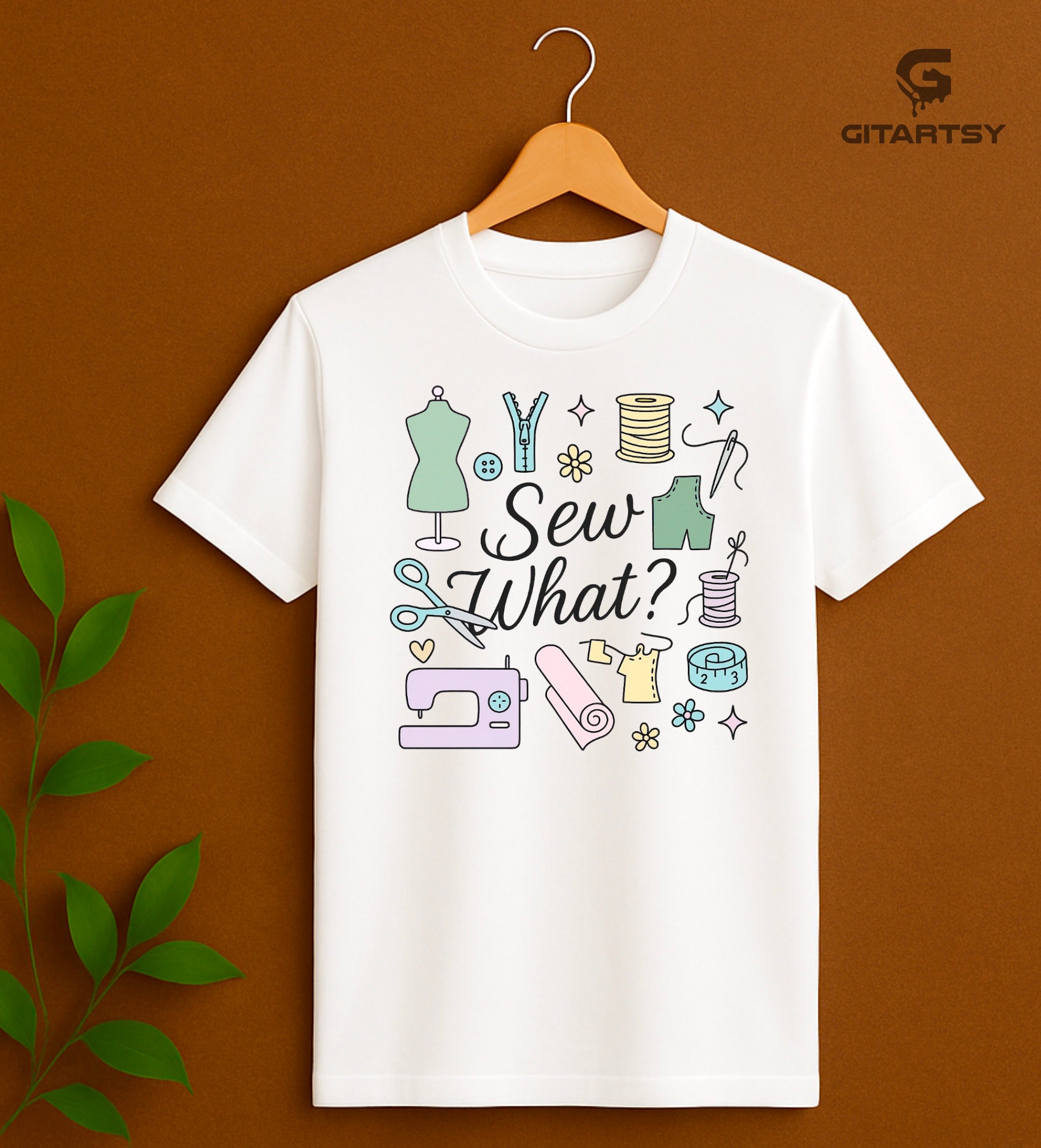 Sew What? T-Shirt – Funny Pastel Sewing Illustration Tee for Fashion Designers & Sewists – white tee with fashion designing clipart images in pastel colours 