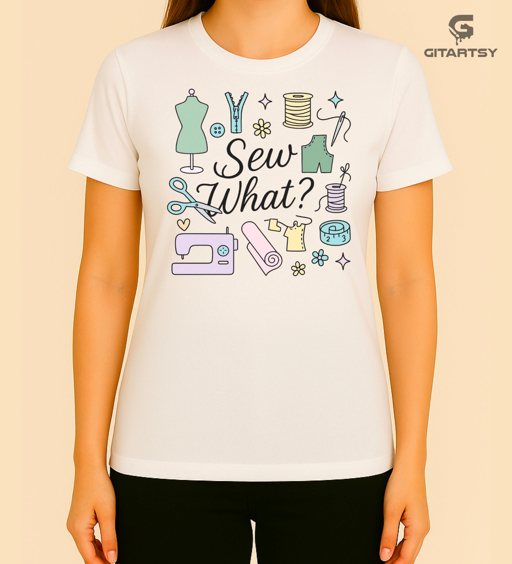 Sew What? T-Shirt – Funny Pastel Sewing Illustration Tee for Fashion Designers & Sewists – white tee with fashion designing clipart images in pastel colours 