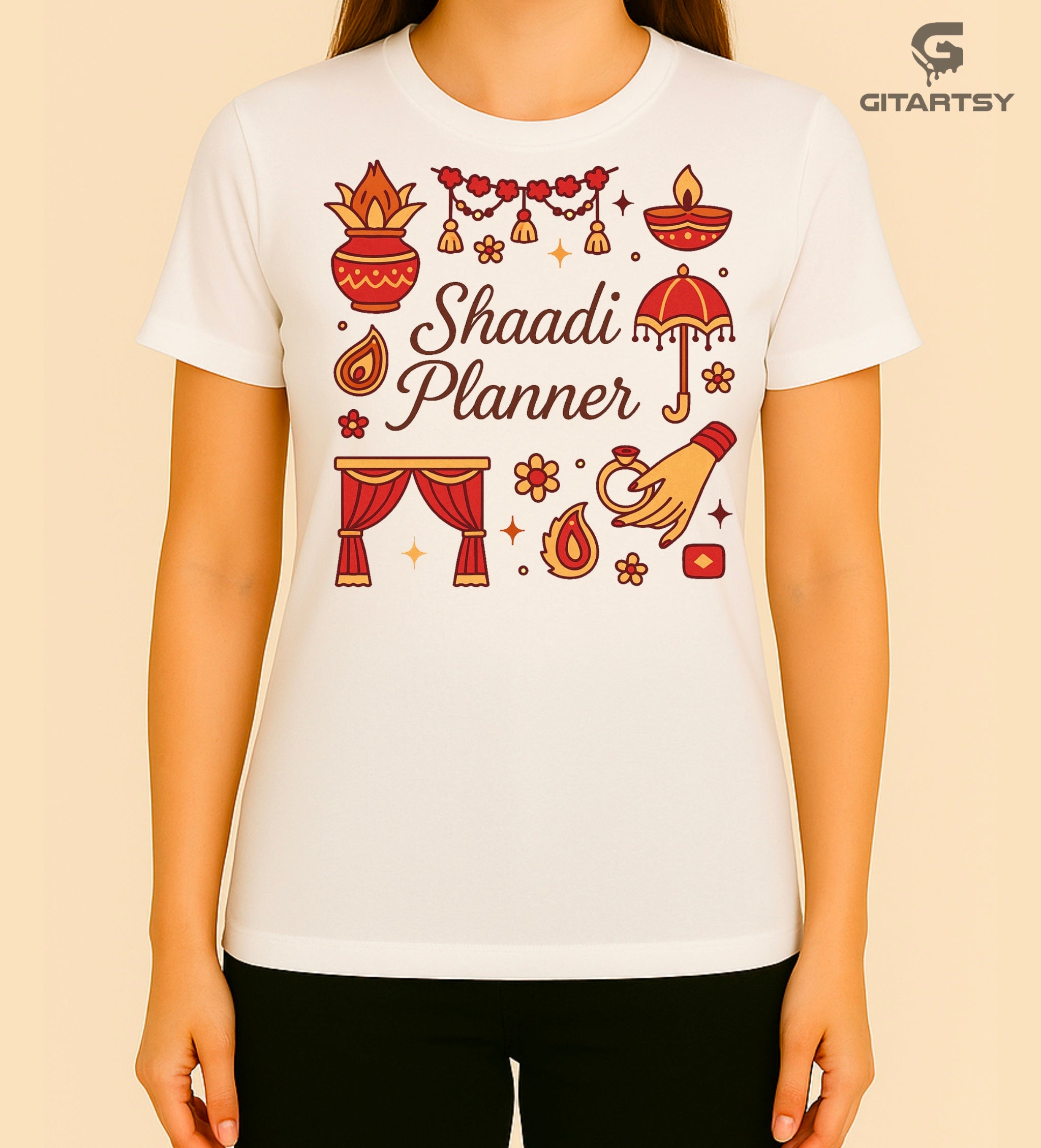 T-shirt with Shaadi Planner text and Indian wedding icons like diya, kalash, mandap, and hand with ring – perfect for desi wedding planners