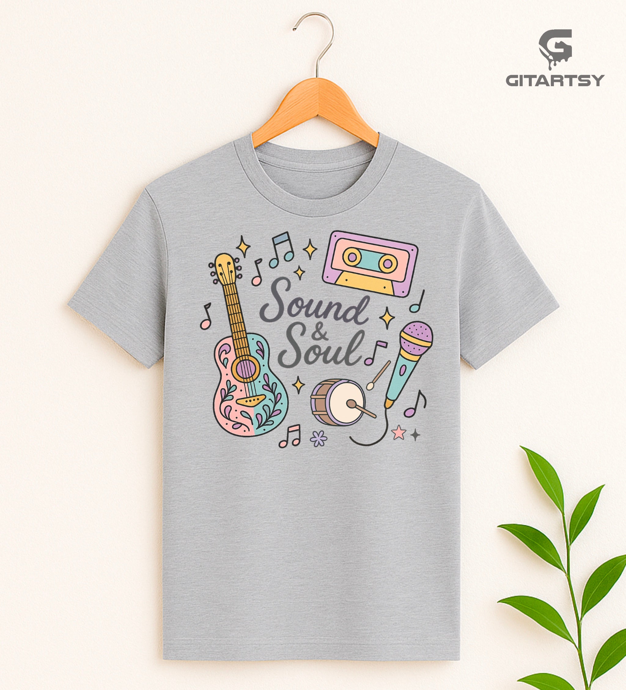 Pastel aesthetic music-themed T-shirt with guitar, mic, cassette, and musical notes – reads "Sound & Soul" – perfect for singers and musicians