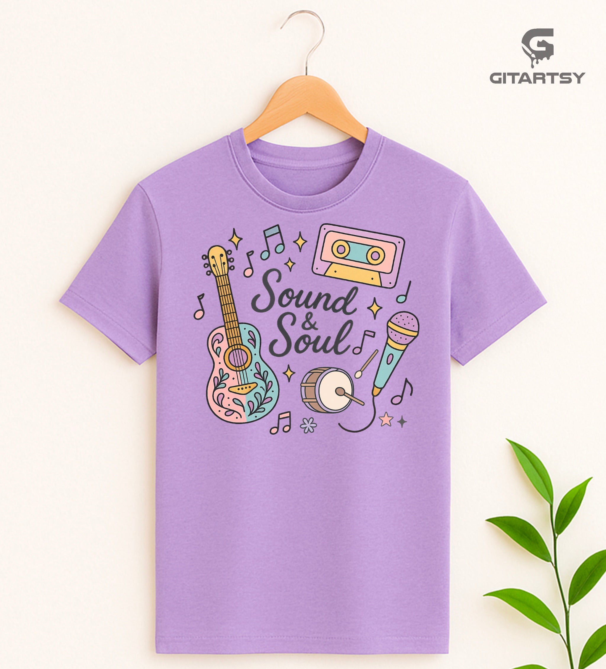 Pastel aesthetic music-themed T-shirt with guitar, mic, cassette, and musical notes – reads "Sound & Soul" – perfect for singers and musicians