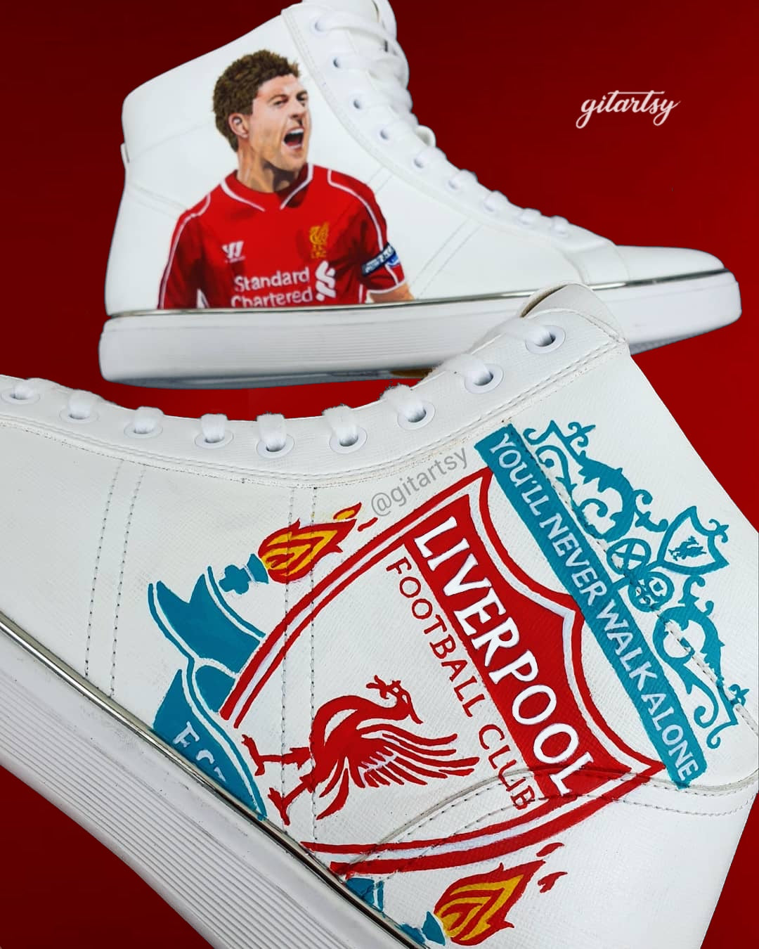 Custom hand-painted white sneakers featuring iconic football legends in team kits, including club crests and themed accents. Created by Gitartsy, each shoe includes bold illustrations, waterproof paint, and personalized elements, making them a premium collectible for fans and sneakerheads alike.

