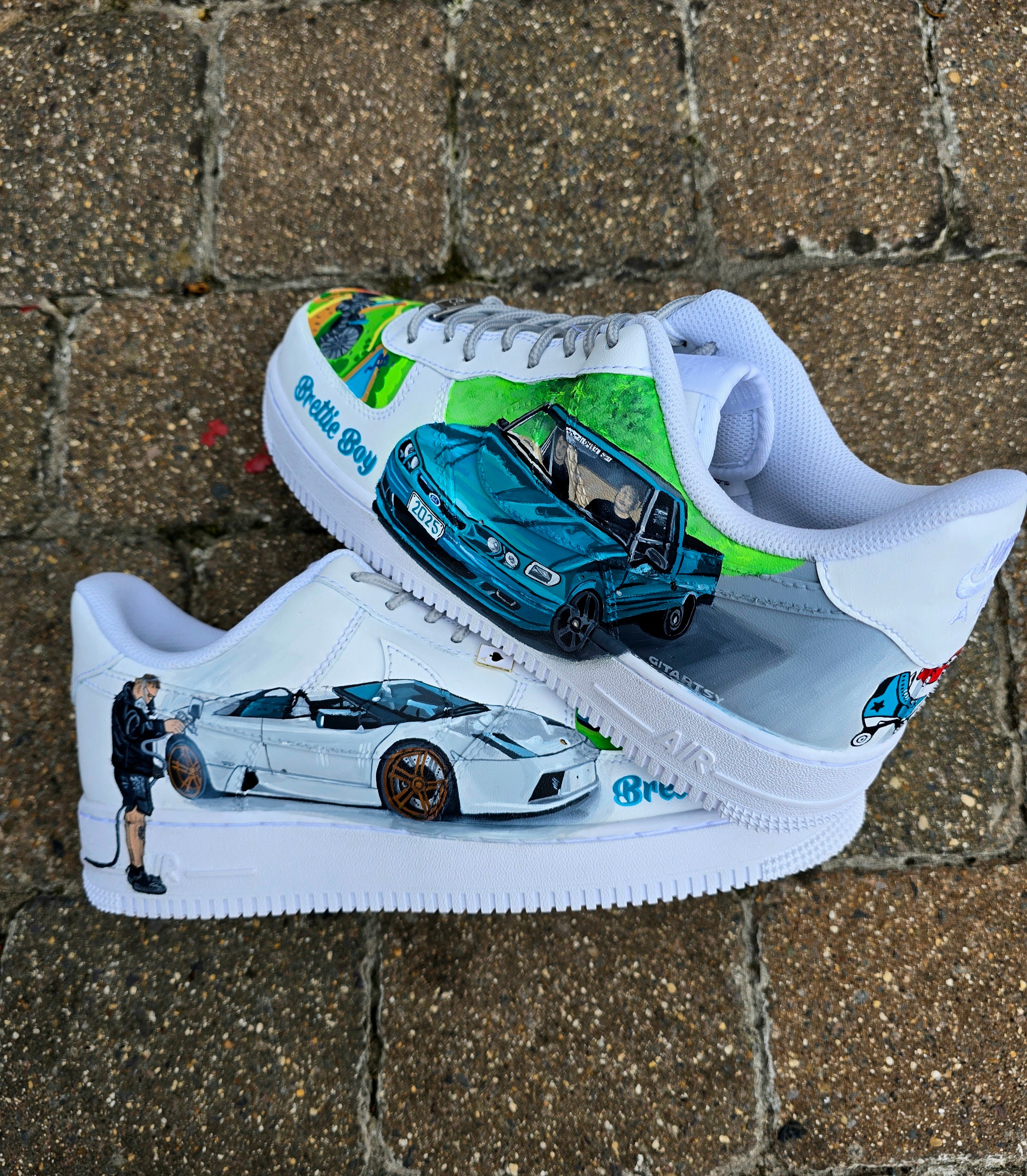 Custom hand-painted Nike Air Force 1 sneakers featuring a Lamborghini-inspired design 🏎️ and spray painter artwork 🎨. Created by Gitartsy using premium leather paints, sealed for durability, and fully customisable with personal details such as car models, colors, and text. Perfect for car enthusiasts 🚗, sneaker collectors 👟, and streetwear lovers seeking one-of-a-kind footwear.

