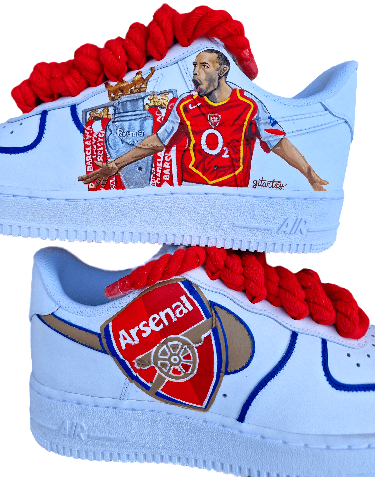 Hand-painted custom Nike Air Force 1 sneakers featuring Arsenal legend Thierry Henry, the Arsenal crest, Premier League trophy, and bold red laces. Perfect for Arsenal fans and football sneaker collectors.

