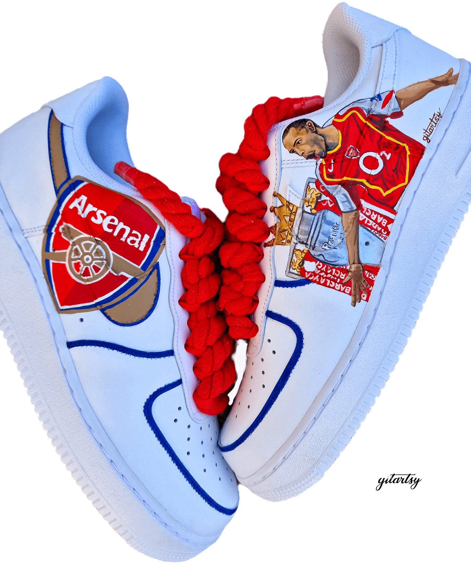 Hand-painted custom Nike Air Force 1 sneakers featuring Arsenal legend Thierry Henry, the Arsenal crest, Premier League trophy, and bold red laces. Perfect for Arsenal fans and football sneaker collectors.

