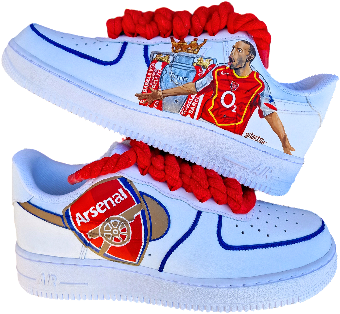 Hand-painted custom Nike Air Force 1 sneakers featuring Arsenal legend Thierry Henry, the Arsenal crest, Premier League trophy, and bold red laces. Perfect for Arsenal fans and football sneaker collectors.

