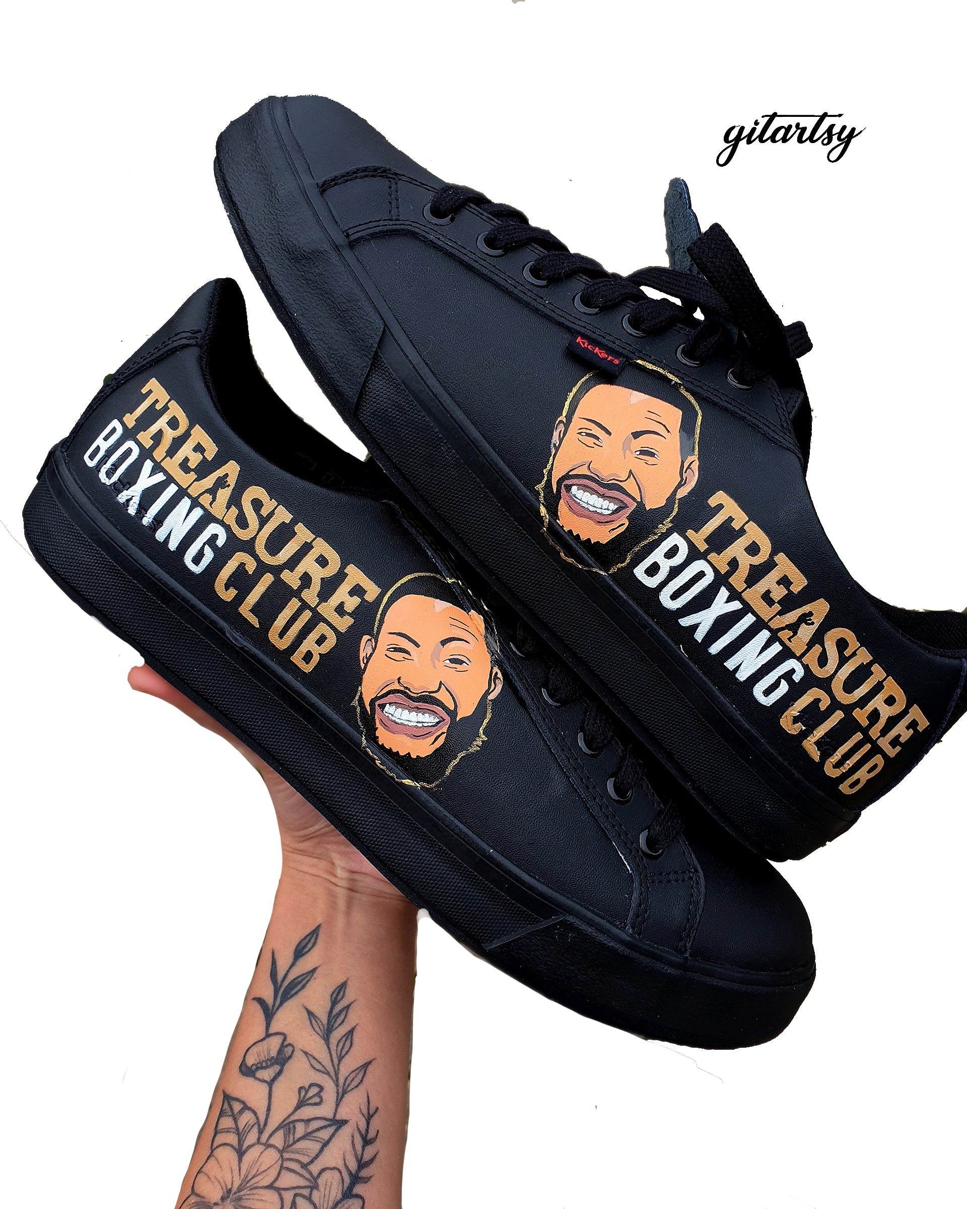 Treasure boxing club - boxing company logo -  custom hand painted sneakers for businesses and brands  - unique branding shoes 