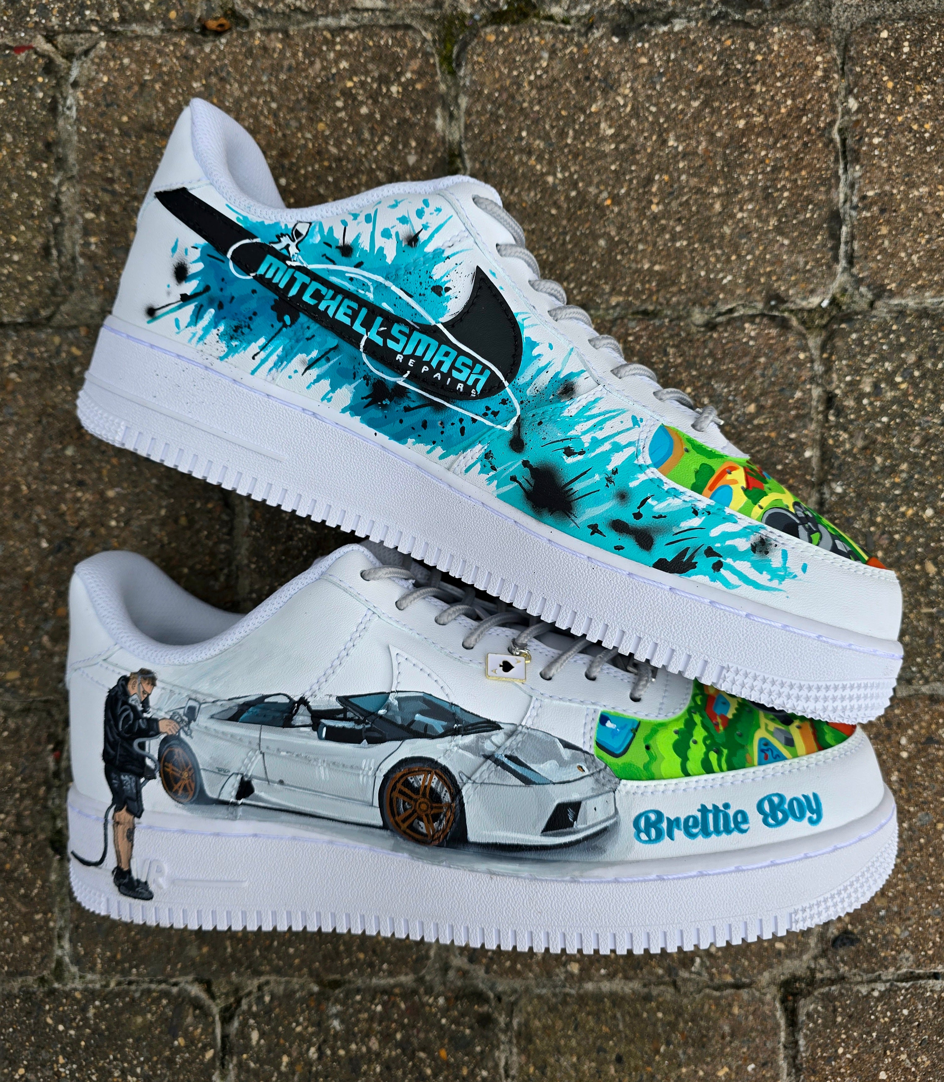 Custom hand-painted Nike Air Force 1 sneakers featuring a Lamborghini-inspired design 🏎️ and spray painter artwork 🎨. Created by Gitartsy using premium leather paints, sealed for durability, and fully customisable with personal details such as car models, colors, and text. Perfect for car enthusiasts 🚗, sneaker collectors 👟, and streetwear lovers seeking one-of-a-kind footwear.

