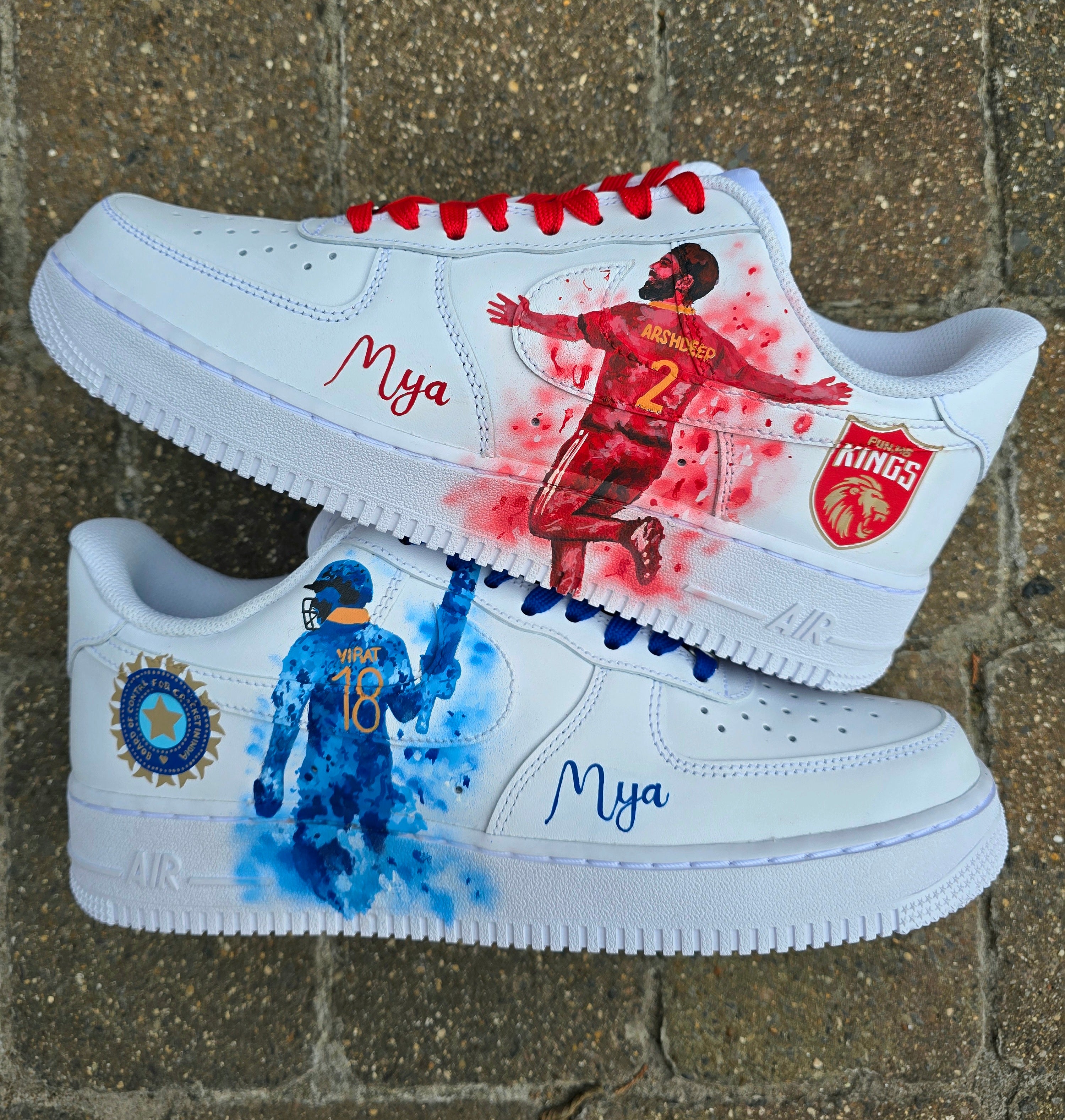 Hand-painted Nike Air Force 1 customs with Virat Kohli and Arshdeep Singh portraits painted in a artsy way - red and blue 