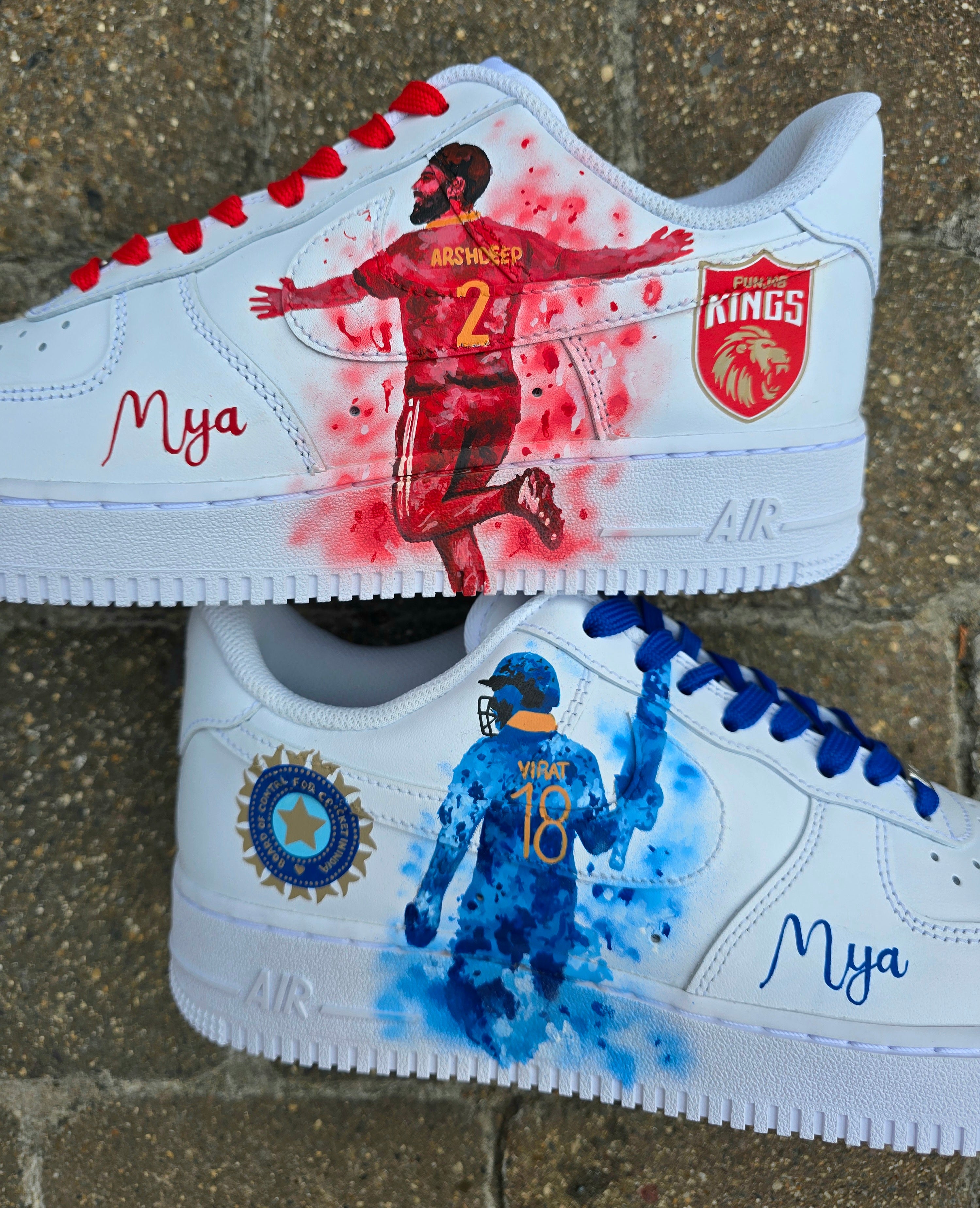Hand-painted Nike Air Force 1 customs with Virat Kohli and Arshdeep Singh portraits painted in a artsy way - red and blue - punjab kings