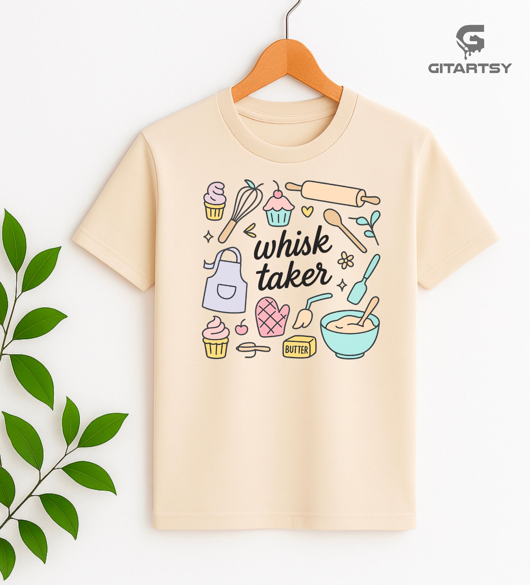 Pastel T-shirt with baking-themed illustrations and the quote "Whisk Taker" – ideal for bakers, chefs, and dessert lovers - beige