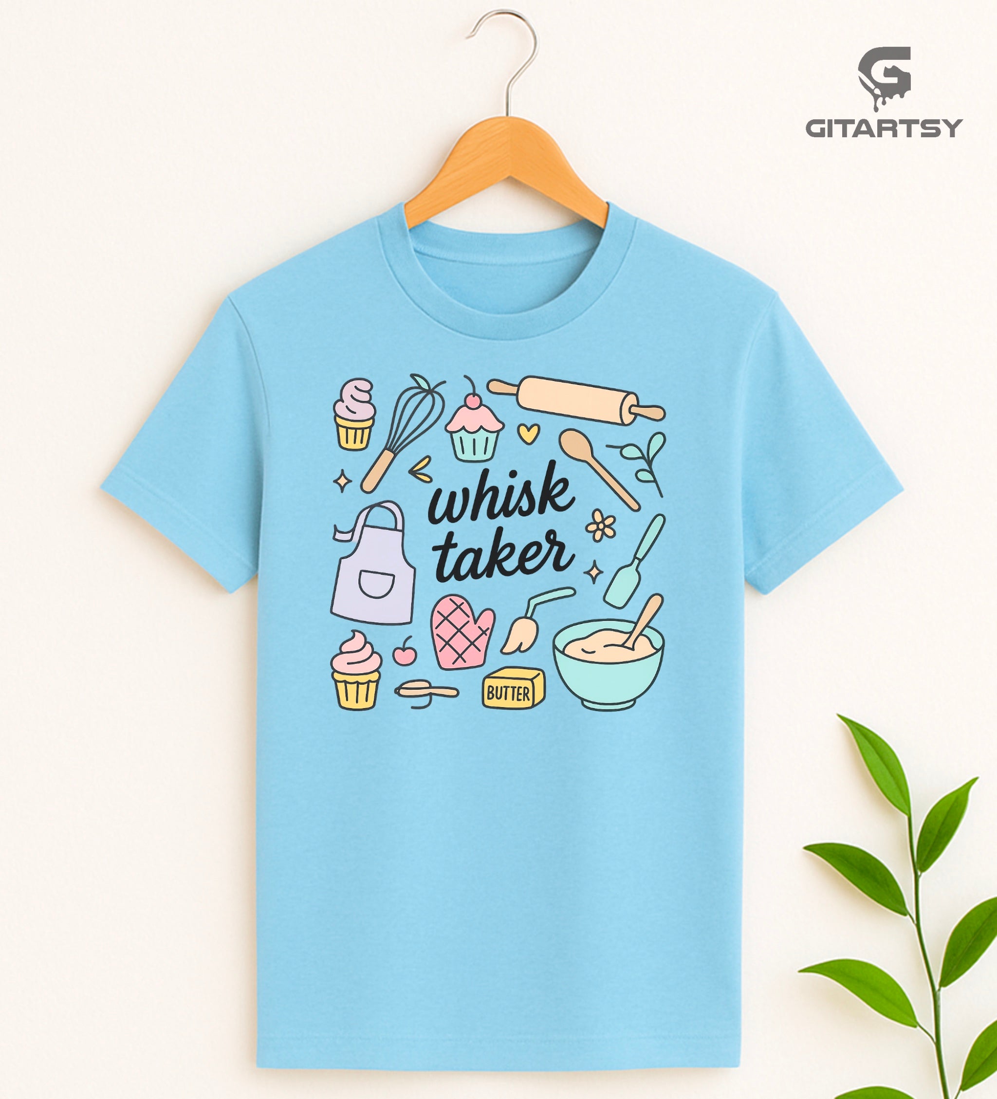Pastel T-shirt with baking-themed illustrations and the quote "Whisk Taker" – ideal for bakers, chefs, and dessert lovers - blue