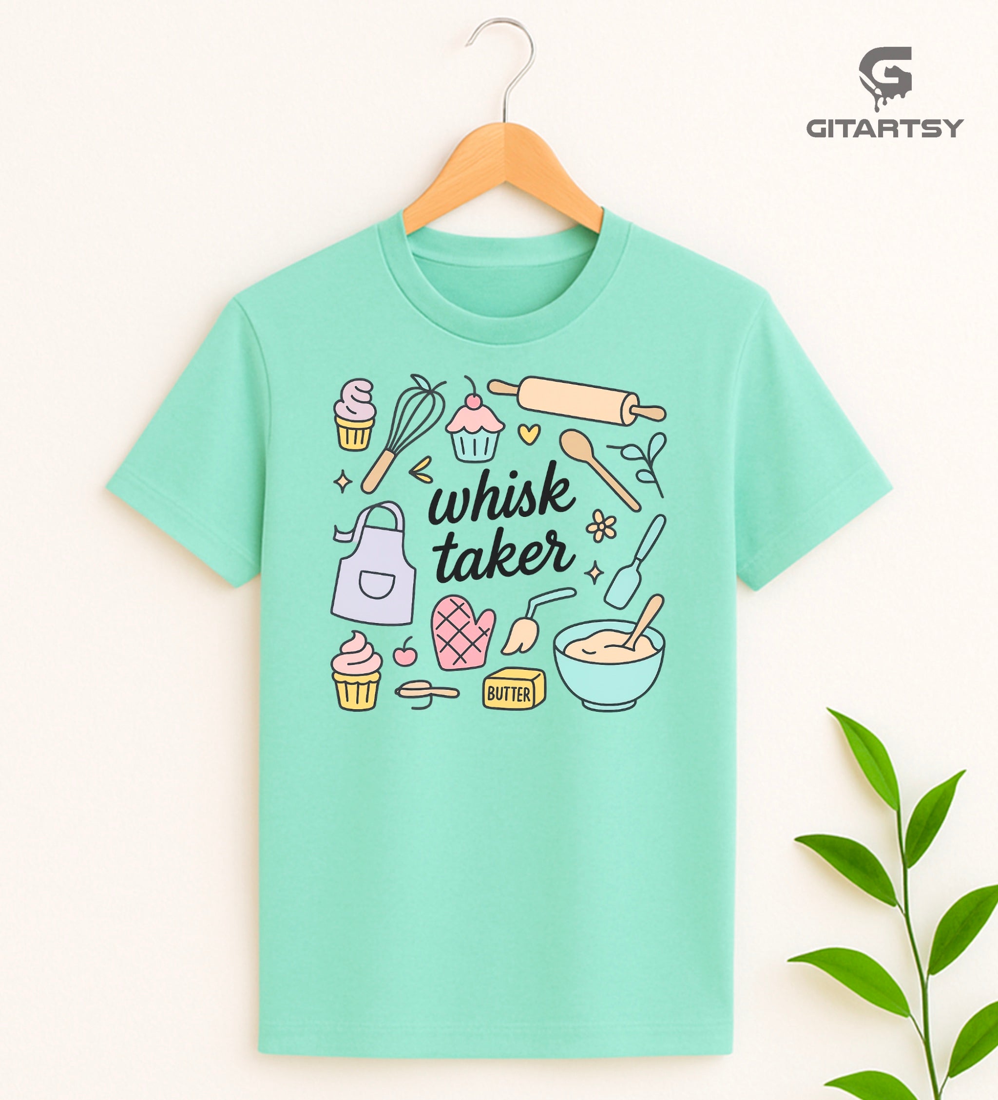 Pastel T-shirt with baking-themed illustrations and the quote "Whisk Taker" – ideal for bakers, chefs, and dessert lovers - Green
