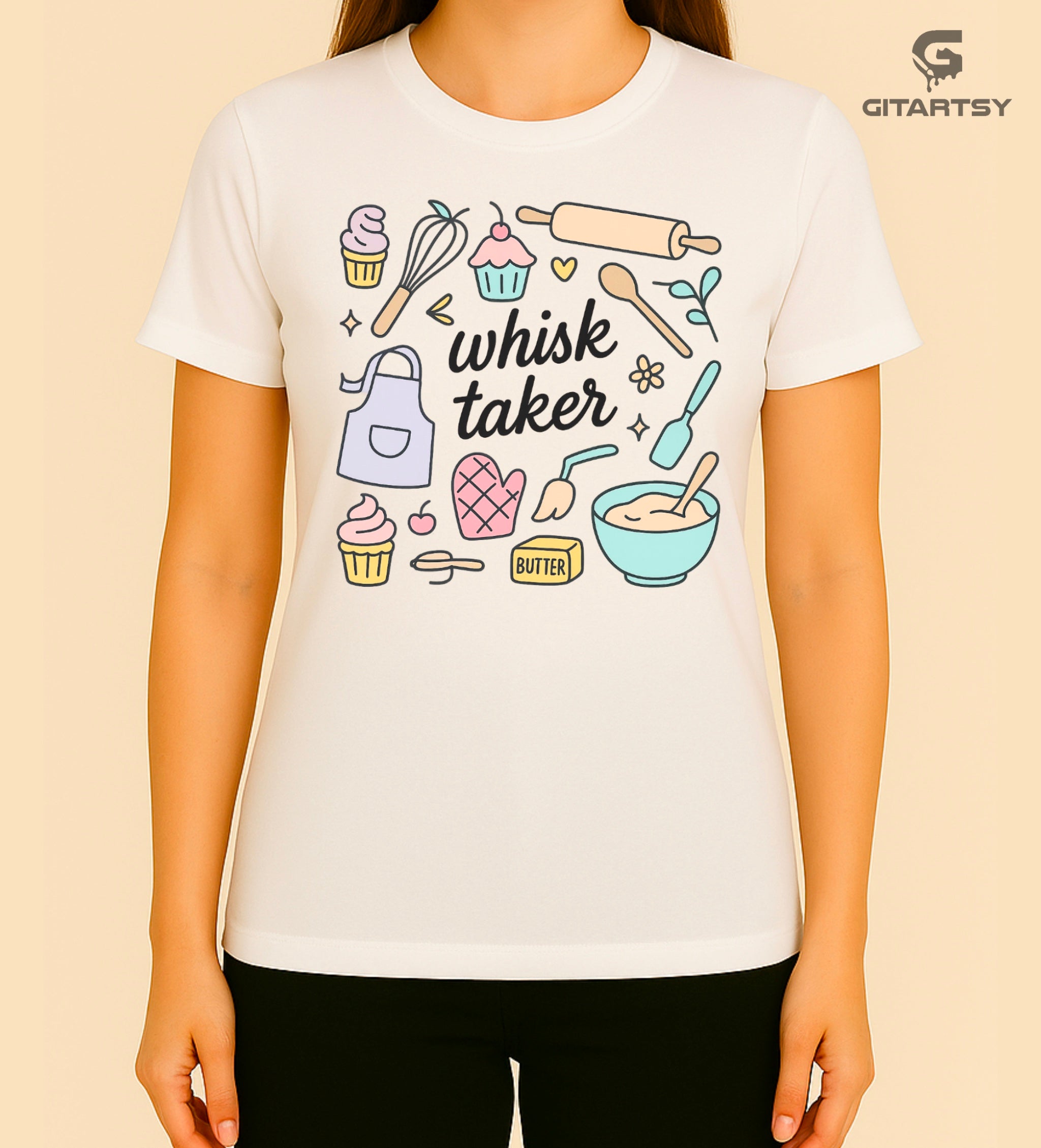Pastel white T-shirt with baking-themed illustrations and the quote "Whisk Taker" – ideal for bakers, chefs, and dessert lovers.