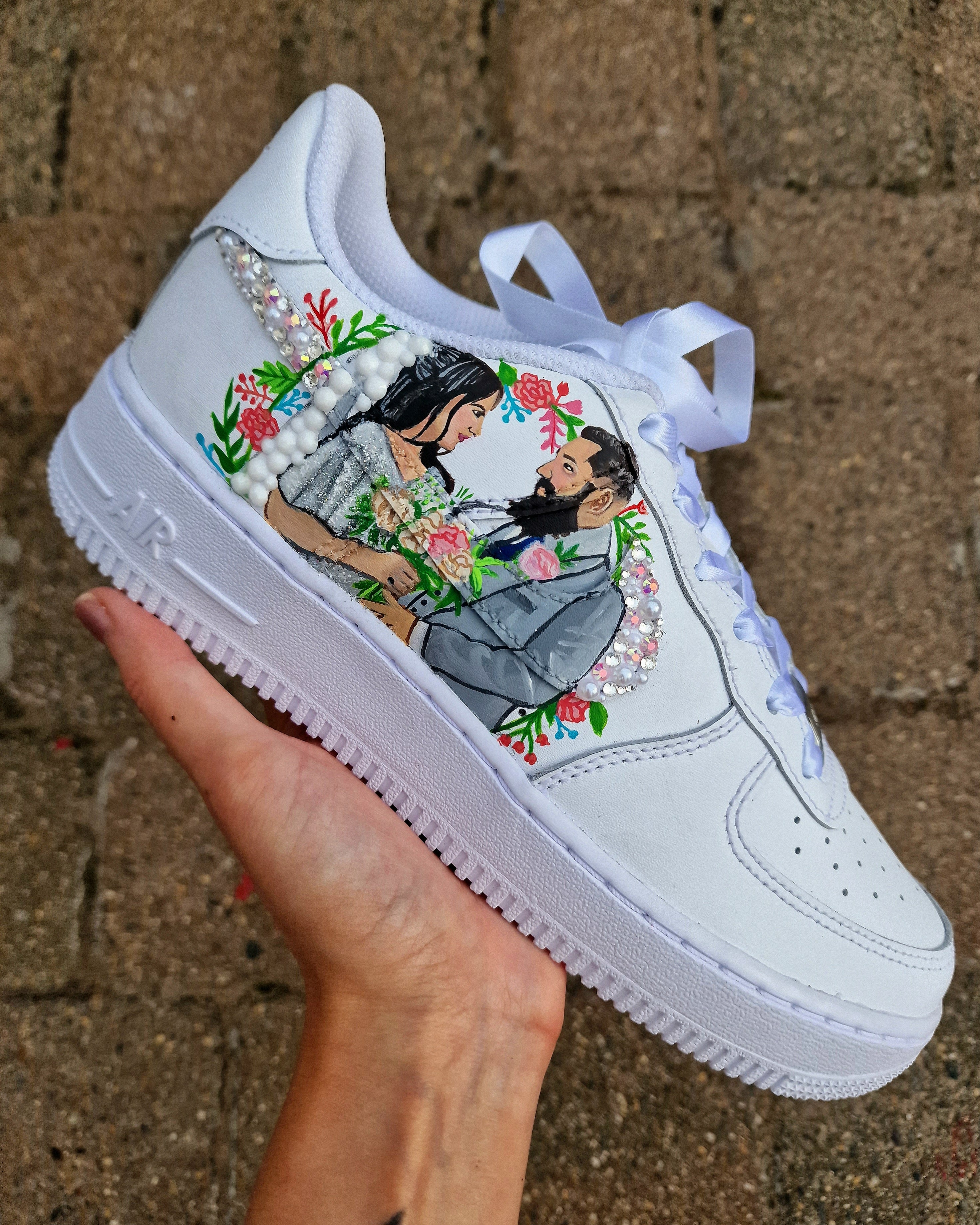 Custom Indian Bridal Nike AF1 Sneakers β hand-painted for brides on their big day couple art, crystals and floral
