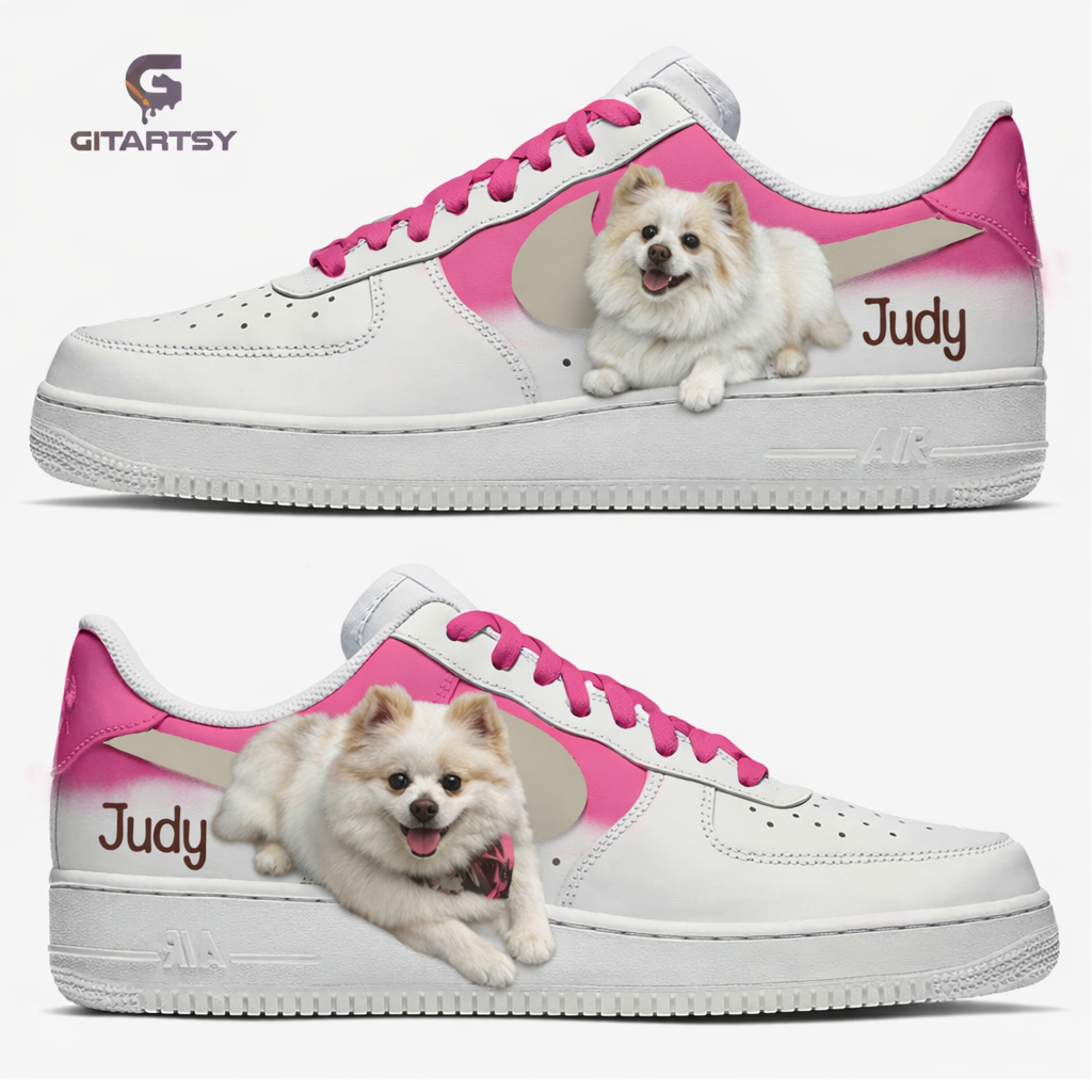 Hand painted Nike Air Force 1 sneakers featuring a custom dog portrait of Judy on a pink ombré background, personalised pet name design by Gitartsy