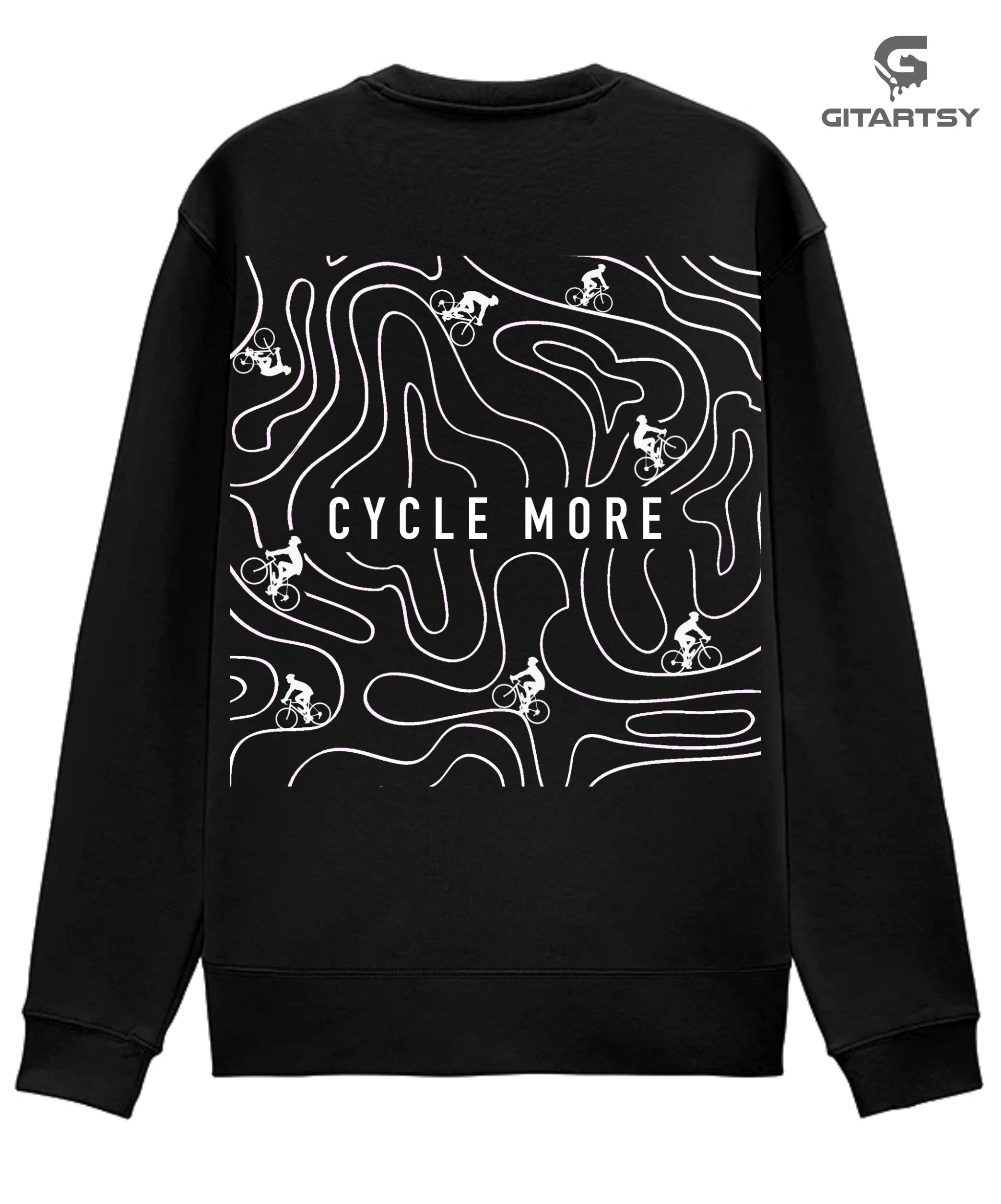 cycle more text sweatshirt with paths and  roads like a maze illustration at the back in a large size with lots of small bicycles and cyclists riding 