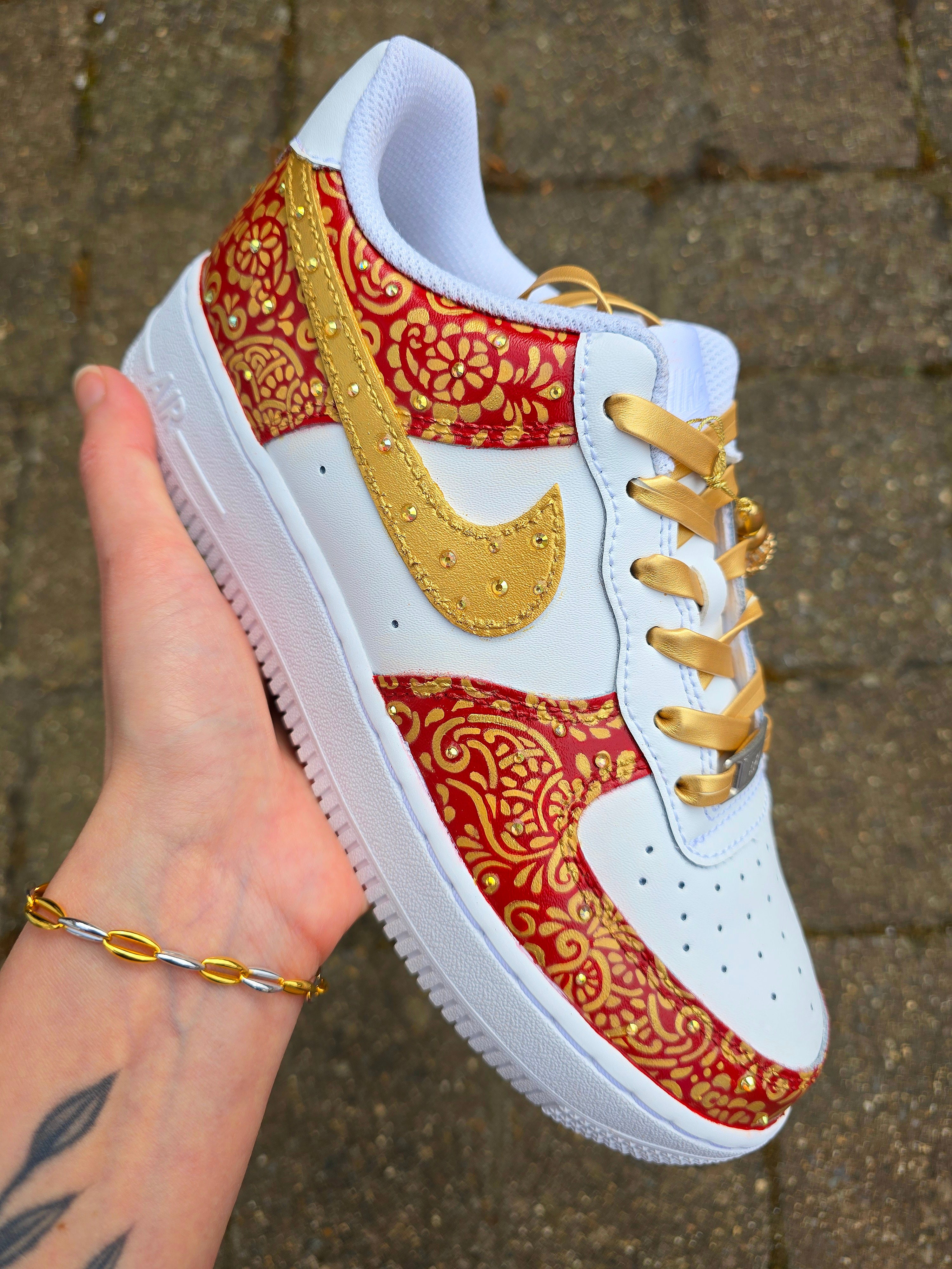 Indian Bridal Wedding Nike AF1 sneakers with crystals -  hand painted with henna mehendi designs in maroon and gold. Topped with rhinestones and paranda 