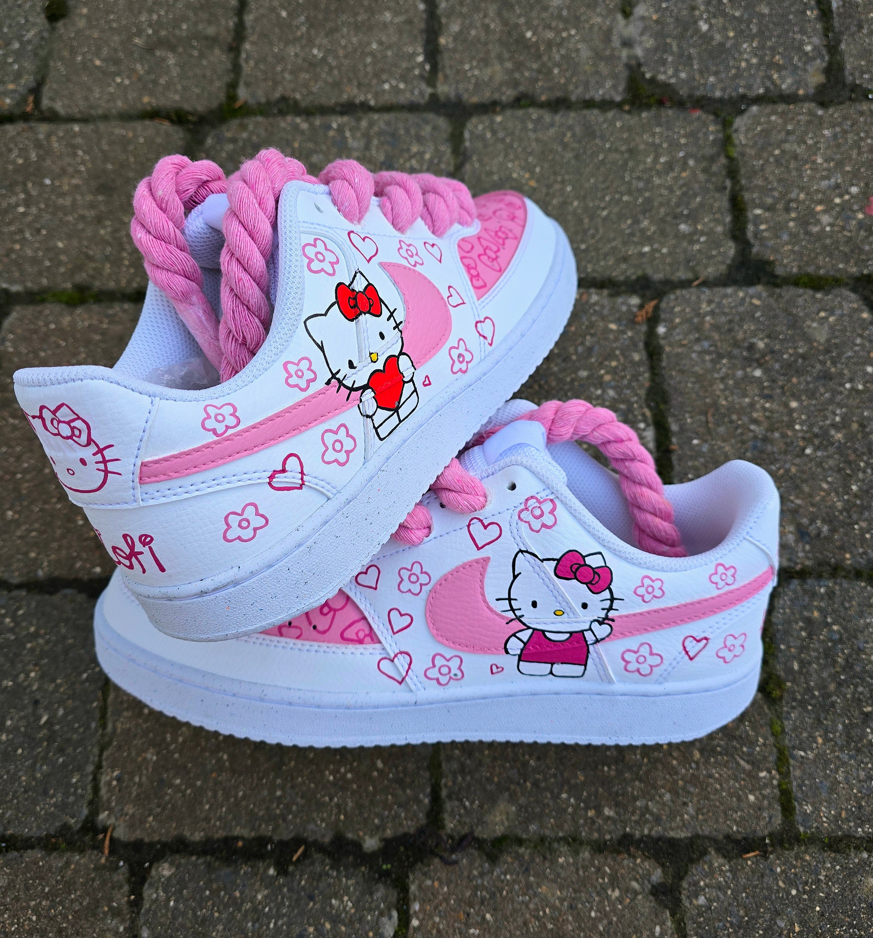 Kids Hello Kitty Custom Hand-Painted Nike Sneakers – Pink & White with Rope Laces