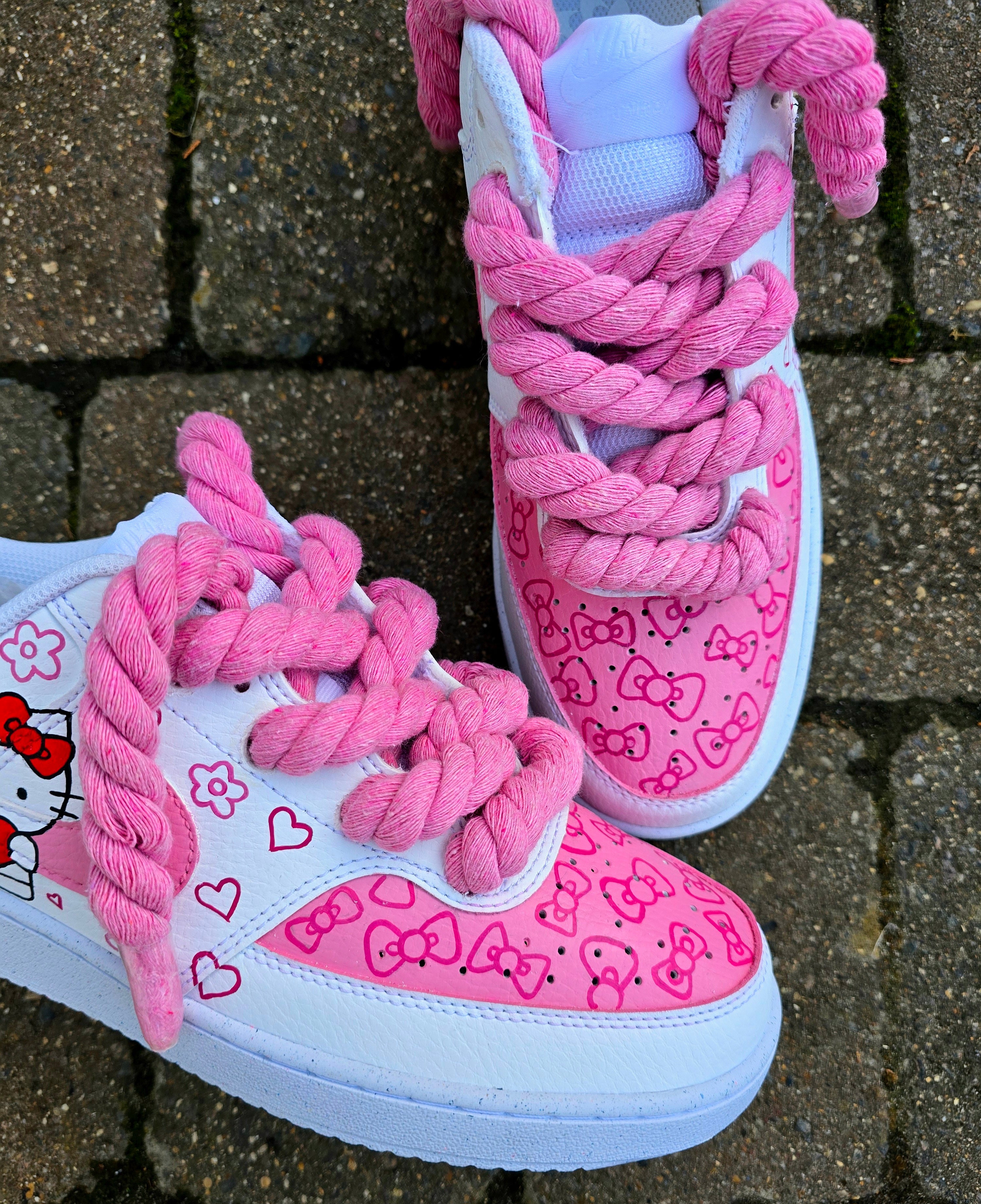 Kids Hello Kitty Custom Hand-Painted Nike Sneakers – Pink & White with Rope Laces
