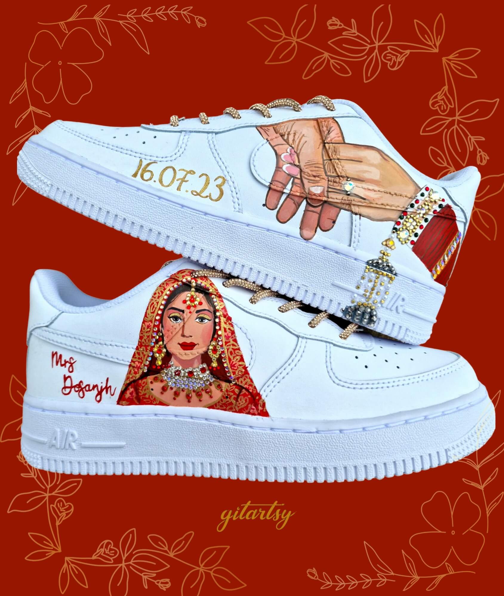 Indian bride custom hand painted sneakers nike af1 with crystals. Painted in a realistic style portrait of indian bride in lehenga and choora, topped with rhinestones 