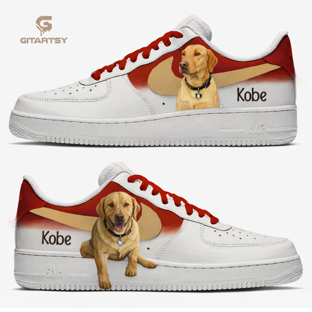White sneakers with a dog illustration and 'Kobe' text, branded 'GITARTSY'.