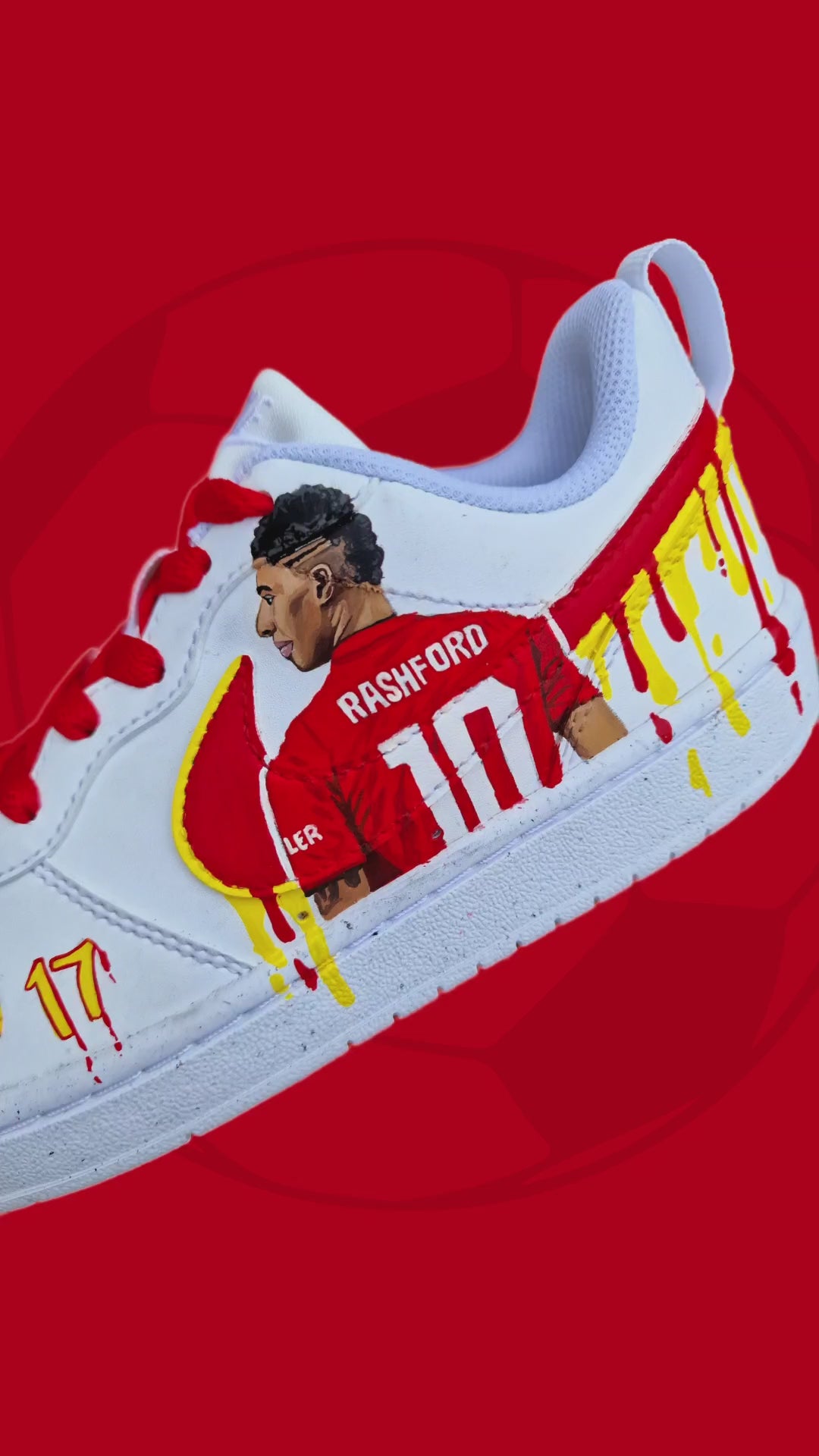 Hand painted Nike AF1 sneakers with Manchester United football team logo with paint drips and a realistic portrait of footballer Marcus Rashford