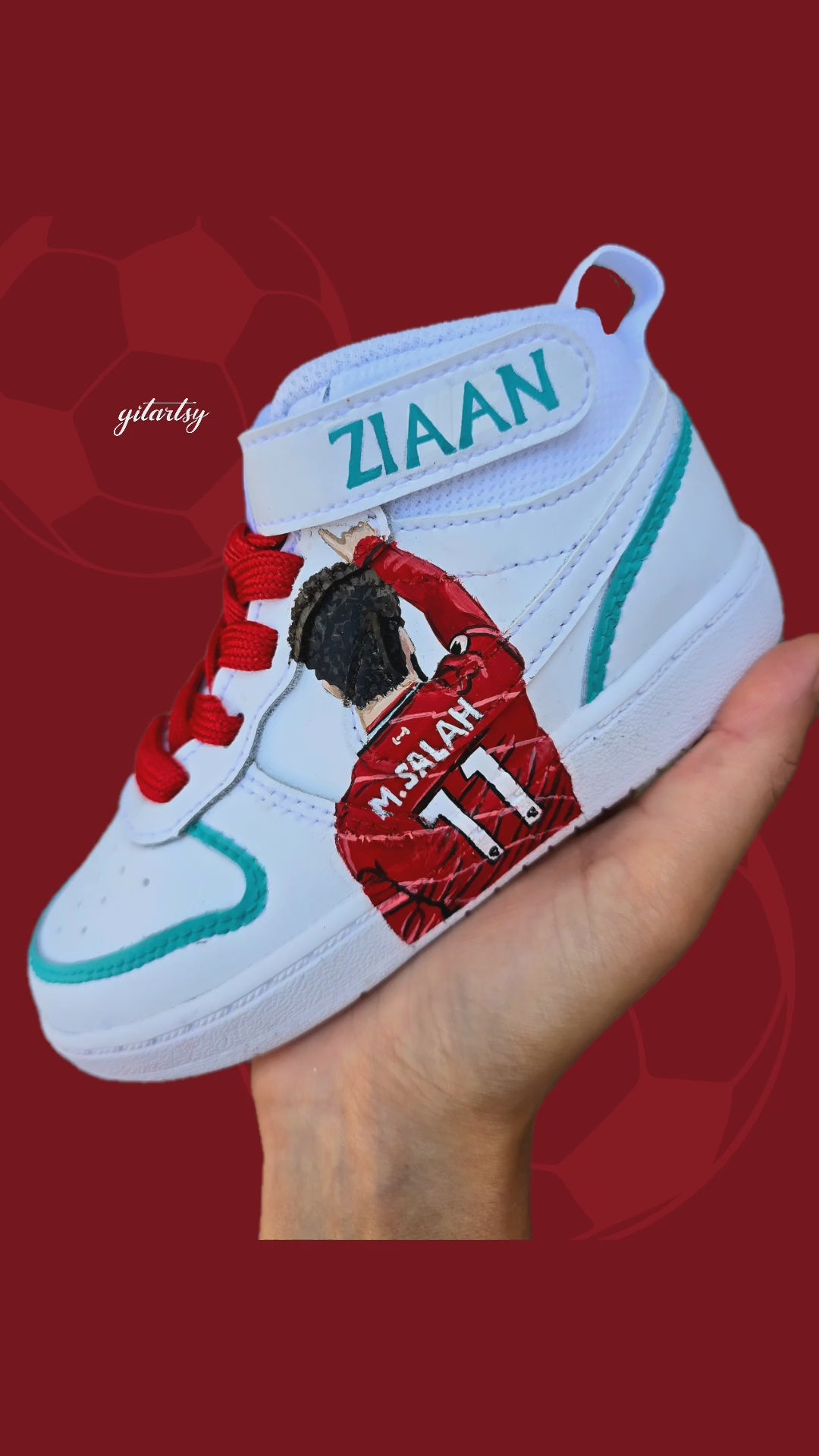 KIDS Liverpool FC Custom Hand-Painted Nike AF1 Sneakers – Realistic Footballer Portrait of footballer Mohamed Salah 
