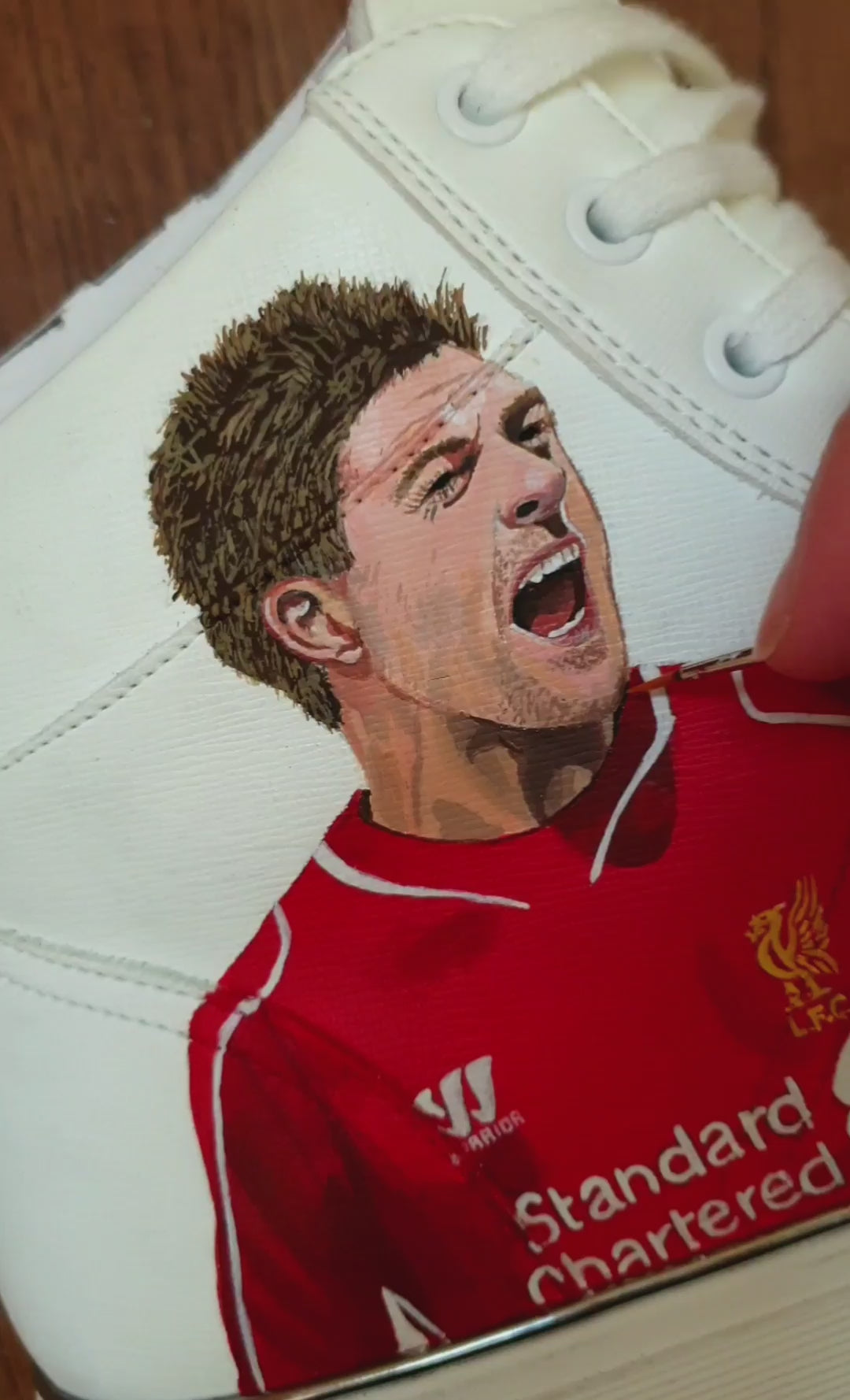 Liverpool FC Custom Hand-Painted Nike AF1 Sneakers – White shoes with a realistic portrait of Steven gerrard footballer