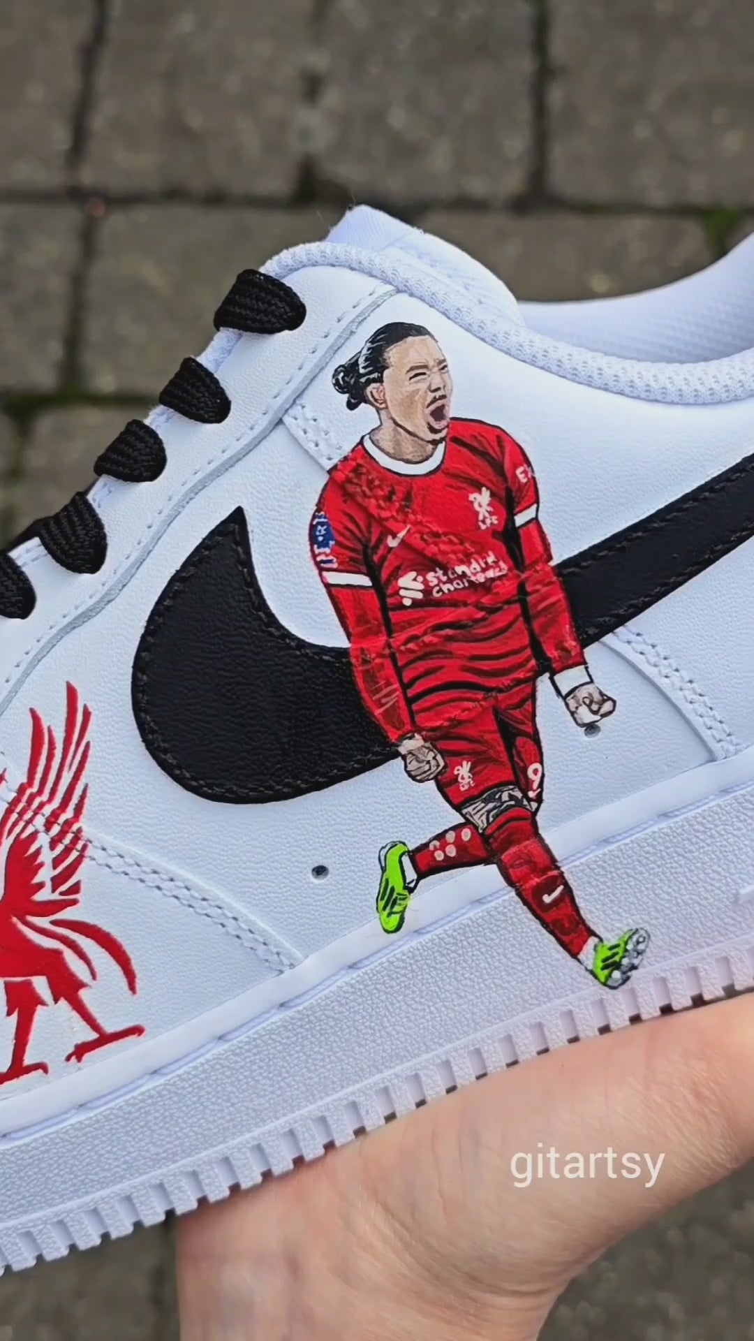 Hand painted custom Nike AF1 sneakers 
with a realistic portrait of footballer Darwin Núñez and liverbird