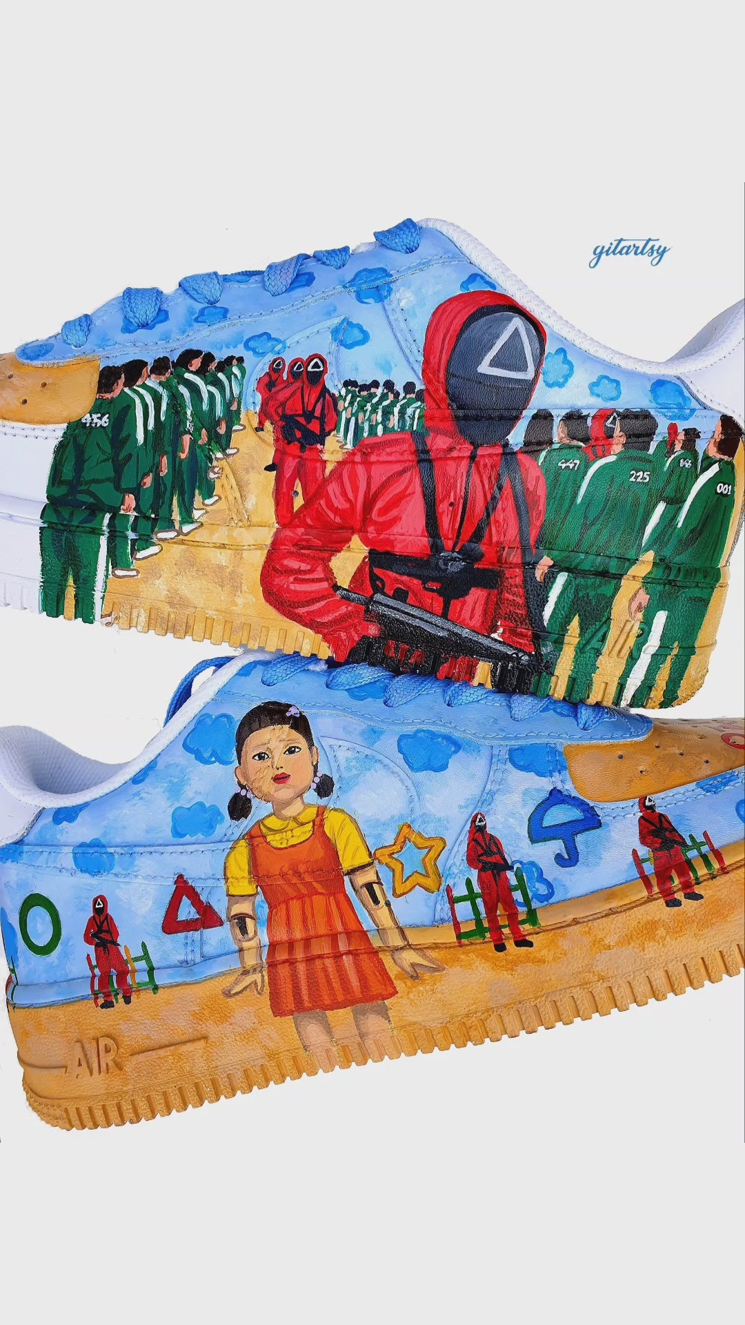 Netflix series Squid Game doll, guards and icons painted on Nike AF1 sneakers with detailed blue sky background - zoomed in view