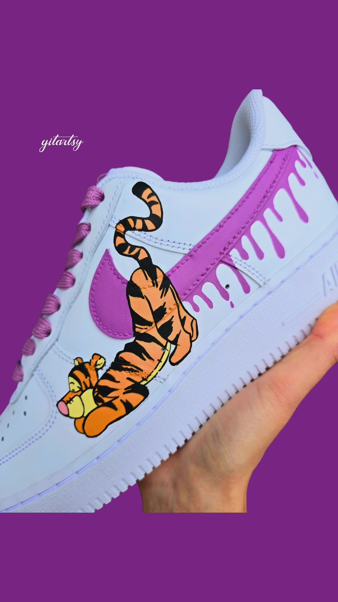 Kids Tigger Winnie The Pooh Custom Hand-Painted Nike Sneakers AF1 – Cartoon-Themed Footwear - white purple and orange colourway