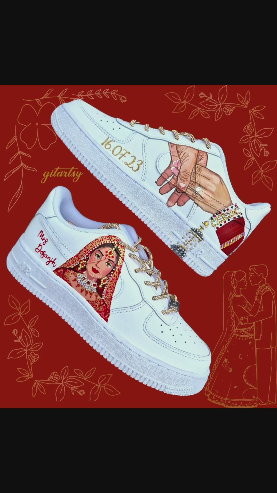 Indian bride custom hand painted sneakers nike af1 with crystals. Painted in a realistic style portrait of indian bride in lehenga and choora, topped with rhinestones 