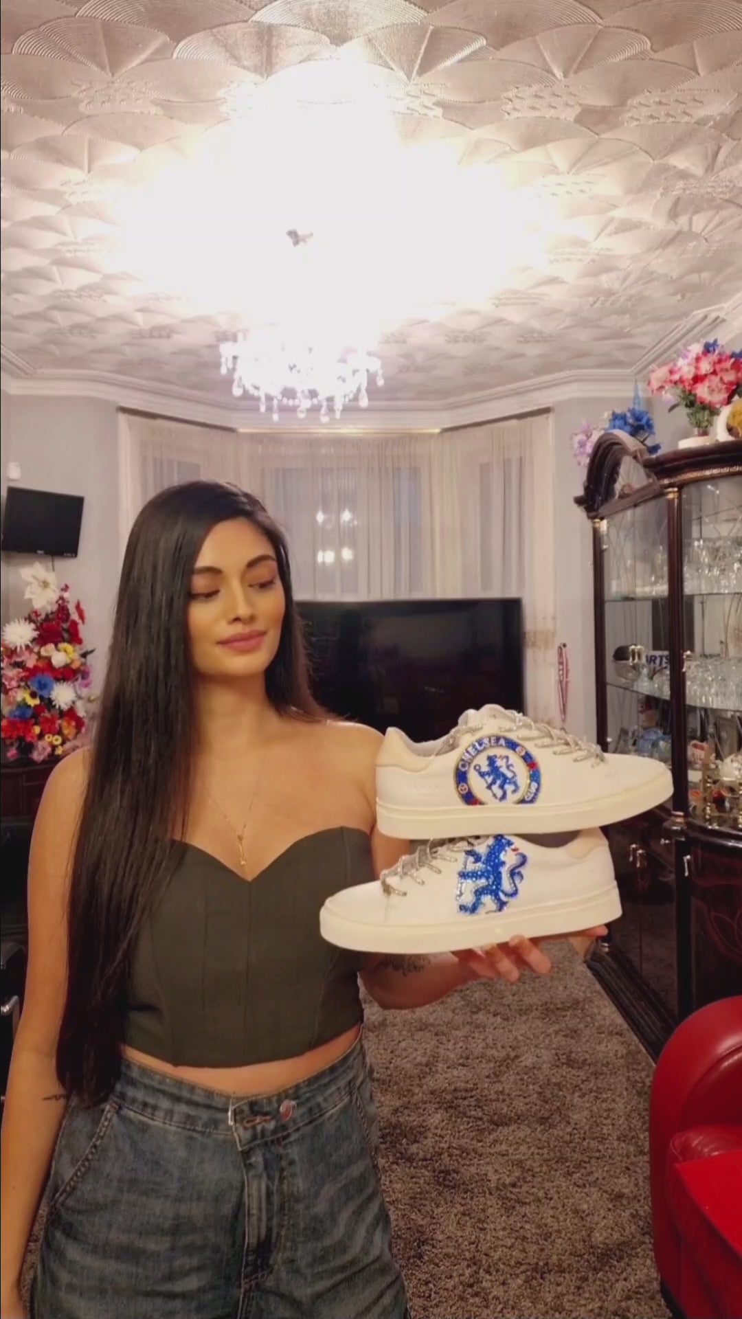 Chelsea FC CFC logo hand painted on white Radley London sneakers, topped with crystals and rhinestones and rhinestone shoelaces - both shoes on white background
