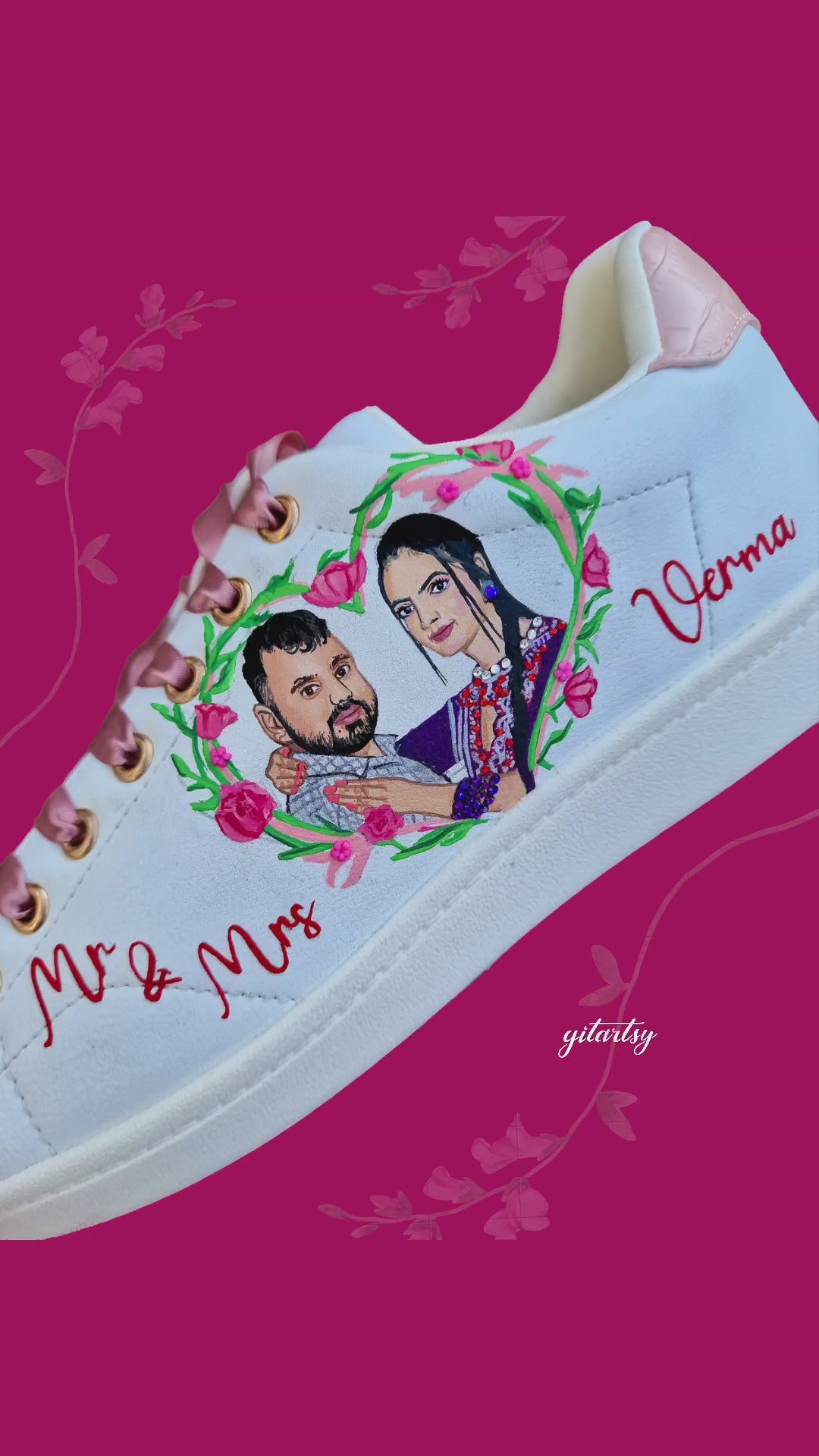 mr and mrs bridal couple realistic portraits hand painted on white sneakers - perfect bridal gift custom made for weddings - painting process